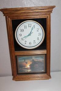 lot 5 image: Wooden Wall Clock with Glass Front and Landscape Art Panel by Terry Redlin