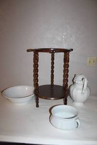 lot 54 image: Antique Washstand with Porcelain Pitcher, Bowl, and Chamber Pot Set