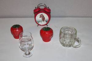 lot 62 image: Vintage Red Rooster Alarm Clock with Glassware and Strawberry Containers