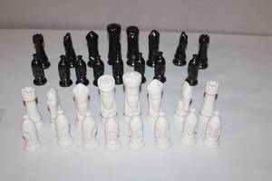 lot 65 image: Vintage Black and White Ceramic Chess Pieces Set