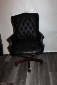 lot 68 image: Black Tufted Leather Executive Office Chair with Wood Base