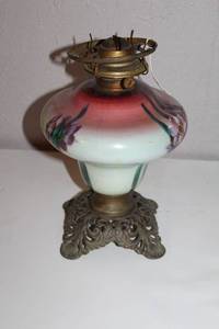 lot A-81 image: Antique Hand Painted Oil Lamp with Floral Design and Ornate Metal Base