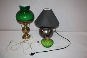 lot 82 image: Pair of Table Lamps with Green Glass and Metal Bases
