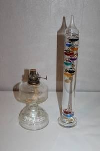 lot 87 image: Vintage Glass Oil Lamp and Galileo Thermometer Set