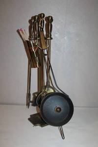 lot 90 image: Brass Fireplace Tool Set with Stand, Matches, and Bed Warmer