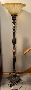 lot 97 image: Traditional Torchiere Floor Lamp with Ornate Bronze Base and Glass Shade
