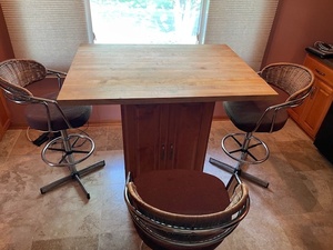 lot 111 image: Kitchen Island Table with Storage and 3 Swivel Bar Stools