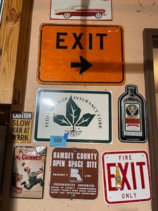 lot 116 image: Collection of 8 Vintage and Retro Metal Signs Including Exit, Chevrolet, and Advertising