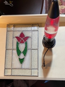 lot 123 image: Stained Glass Panel with Red Flower Design and Red Lava Lamp