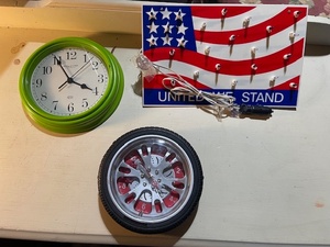 lot 124 image: Lot of 2 Wall Clocks and United We Stand Flag Lighted Sign