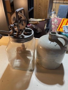 lot 137 image: Vintage Glass Hand Crank Butter Churn and Stoneware Jug Set