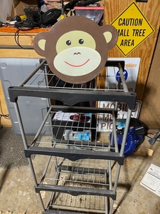lot 140 image: Monkey Face Wooden Child Stool and 3-Tier Metal Storage Rack