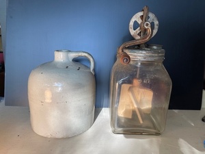 lot 142 image: Antique Stoneware Jug and Glass Butter Churn with Hand Crank