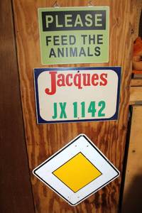 lot 157 image: Collection of 3 Vintage Metal Signs Including Jacques JX 1142 and Feed the Animals