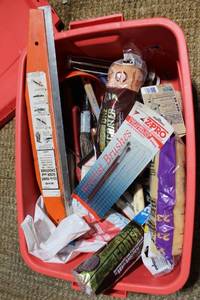 lot 159 image: Assorted Painting Tools and Brushes in Red Storage Bin