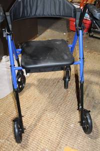 lot 164 image: VOCIC Blue and Black Rolling Walker with Seat and Storage Bag