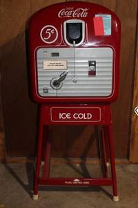 lot A-165 image: Vintage Coca-Cola Vendo 5 Cent Bottle Vending Machine on Stand