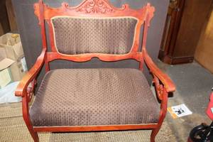 lot 172 image: Vintage Carved Wood Armchair with Upholstered Seat and Back