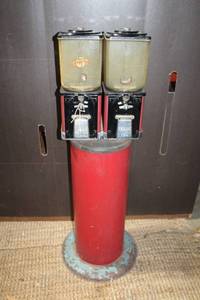 lot A-175 image: Vintage Double-Head Gumball Candy Machine on Red Pedestal Stand