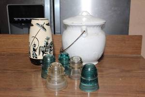 lot 182 image: Lot of Vintage Glass Insulators, Asian Ceramic Vase, and White Porcelain Chamber Pot