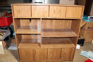 lot 192 image: Large Wood Veneer Storage Cabinet with Shelves and Doors