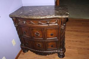 lot B-196 image: Marble Top Ornate Wood Chest with Drawers