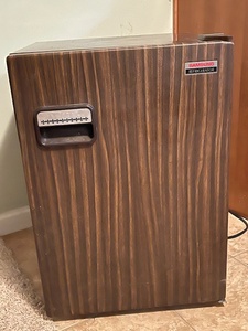 lot B-11 image: Vintage Samsung Compact Refrigerator with Wood Grain Finish