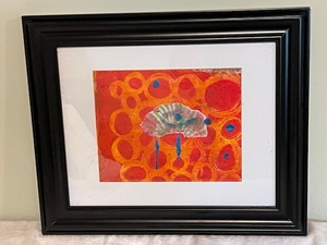 lot 27 image: Framed Abstract Artwork with Vibrant Orange and Blue Design