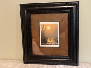 lot 28 image: Framed Landscape Art Print with Forest and River Scene