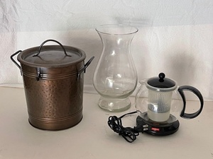 lot 32 image: Collection of Kitchen Items Including Hammered Metal Ice Bucket, Glass Vase, and Bodum Electric Teapot