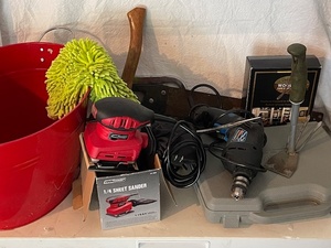 lot 40 image: Assorted Hand Tools and Power Tools Lot with Case, Sander, Drill, and Wood Care Kit