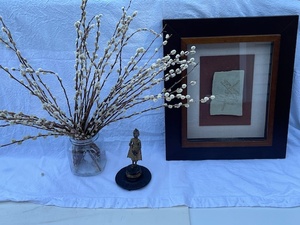 lot 62 image: Decor Collection with Framed Dragonfly Art, Metal Buddha Statue, Willow Branches in Glass Jar