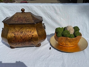lot 70 image: Decorative Painted Tin Box and Burl Wood Bowl with Moss Balls, Plate, and Bust