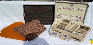 lot 82 image: Lago di Como Flatware Set with Decorative Case, Serving Tray, Placemats, and Striped Table Linens