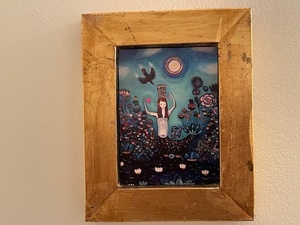lot 99 image: Framed Folk Art Mermaid Painting with Gold Frame