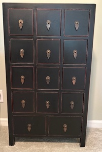 lot 100 image: Distressed Black Multi-Drawer Wood Cabinet with Metal Pulls