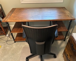 lot 101 image: Office Desk with Rustic Wood Top and Shelves Plus Rolling Office Chair