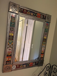 lot 107 image: Handcrafted Mexican Tin Mirror with Colorful Talavera Tiles
