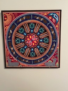lot 114 image: Framed Huichol Yarn Art Mandala with Animal Motifs