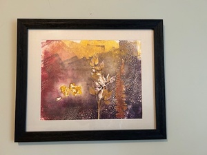 lot 119 image: Framed Abstract Botanical Artwork with Gold and Purple Tones