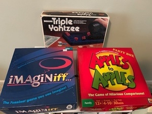 lot 120 image: Collection of 3 Board Games Triple Yahtzee, Imaginiff, Apples to Apples