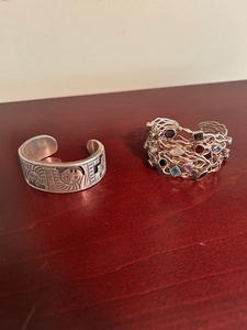 lot 126 image: Set of 2 Artistic Cuff Bracelets - Sterling Silver and Mixed Gemstone
