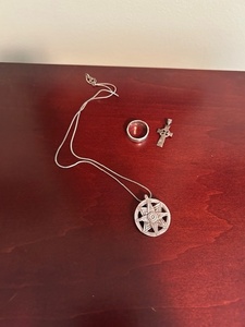 lot 129 image: Sterling Silver Jewelry Set Compass Pendant Necklace, Band Ring, and Celtic Cross Pendant