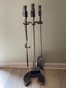lot 131 image: Vintage Brass Fireplace Tool Set with Stand