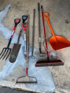 lot 144 image: Collection of 7 Yard and Garden Tools including Shovels, Rake, Broom, and Pitchfork