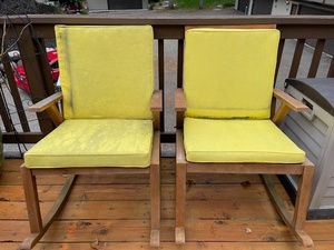 lot 133 image: Pair of Wooden Outdoor Rocking Chairs with Yellow Cushions