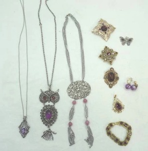 lot 40 image: Purple & Silver Toned Owl Necklace and Other Purple Accented Fashion Jewelry