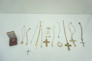 lot 44 image: Cross Necklaces, Praying Hands Pins and Necklace Pendant, Jeweled Cross Clip On Earrings
