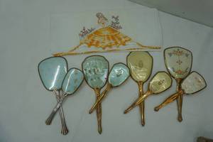 lot 71 image: Vintage Hair Brushes & Mirror Sets (4ct) and Percale Embroidered Pillow Cases