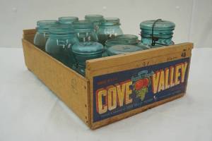 lot 88 image: Vintage Blue Ball Canning Jars (some with glass lids and bale latches)